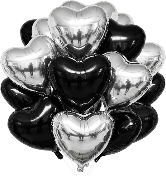 TONIFUL 30Pcs 18 Inch Black Silver Balloons Black Silver Heart Shape Foil Mylar Banners Decoration for Birthday Valentine's Day Wedding Bridal Shower Anniversary Engagement Party Supplies