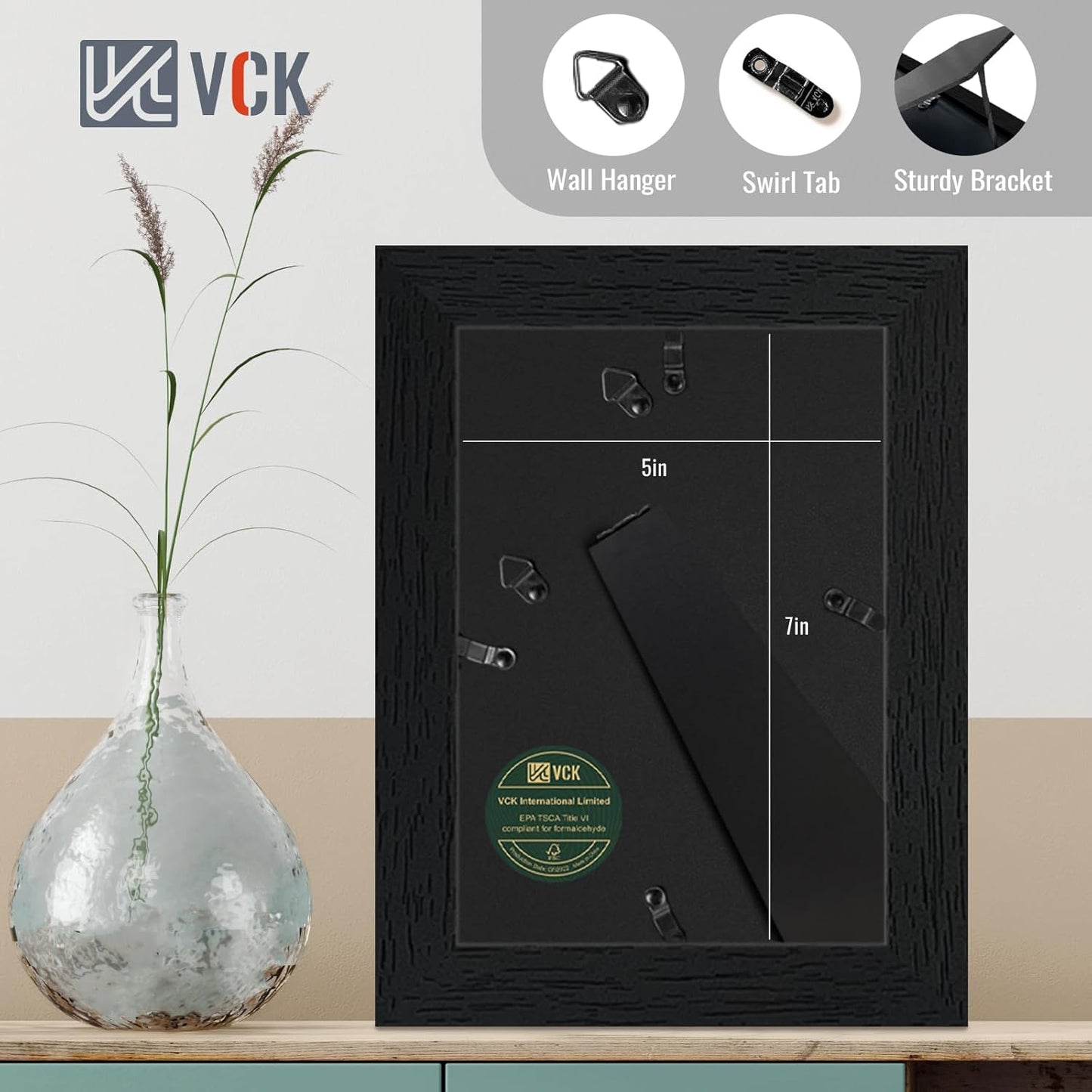 VCK 5x7 Picture Frame Black Set of 5, Textured Exclusive Wooden Photo Frames with HD Glass | Matted to 4x6 or 5x7 without Mat