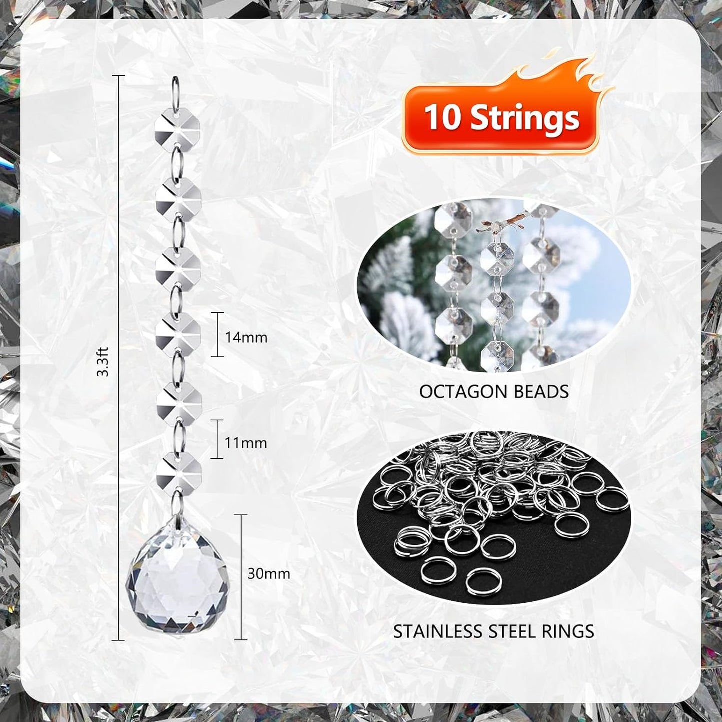 10 PCS Crystal Garland Strands, 33ft Hanging Crystal Strings for Window Curtains Doorway Decorations, Acrylic Clear Ball Crystal Ornaments for Christmas Tree, Wedding Party Home Chandelier Decor