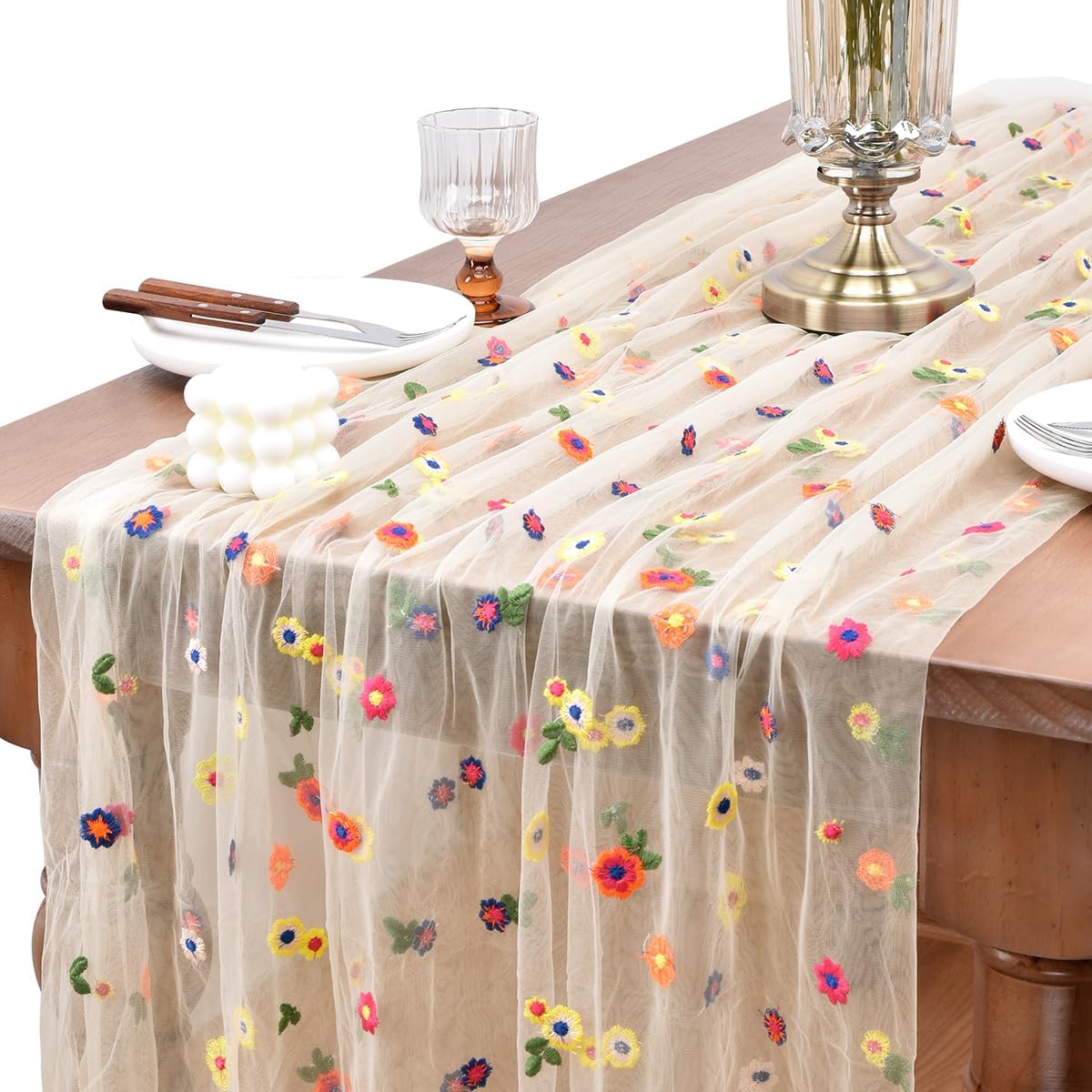Joanlody Champagne Embroidery Daisy Fall Thanksgiving Table Runner 10ft Florals Seasonal Tulle Table Runner Holiday Kitchen Dining Table Decoration for Home Party Indoor