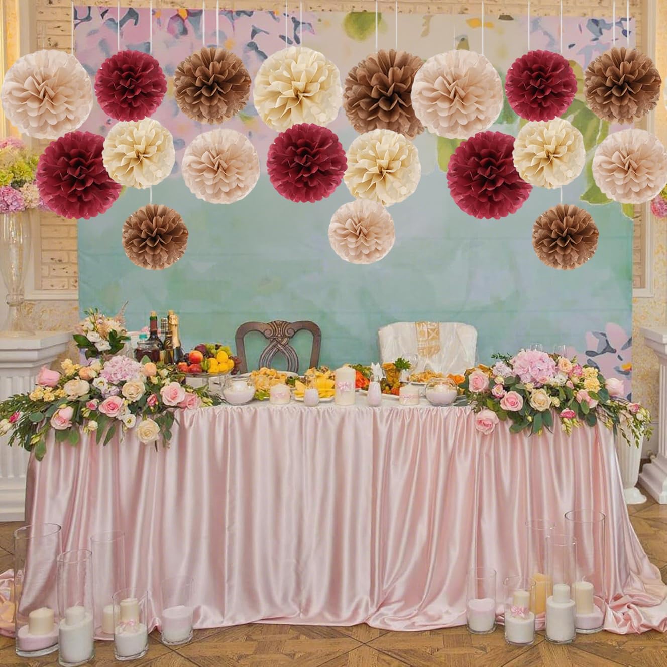 Capesaro Burgundy Beige 12PCS Paper Pom Poms Party Decorations for Engagement,Boho Wedding,Baby Shower