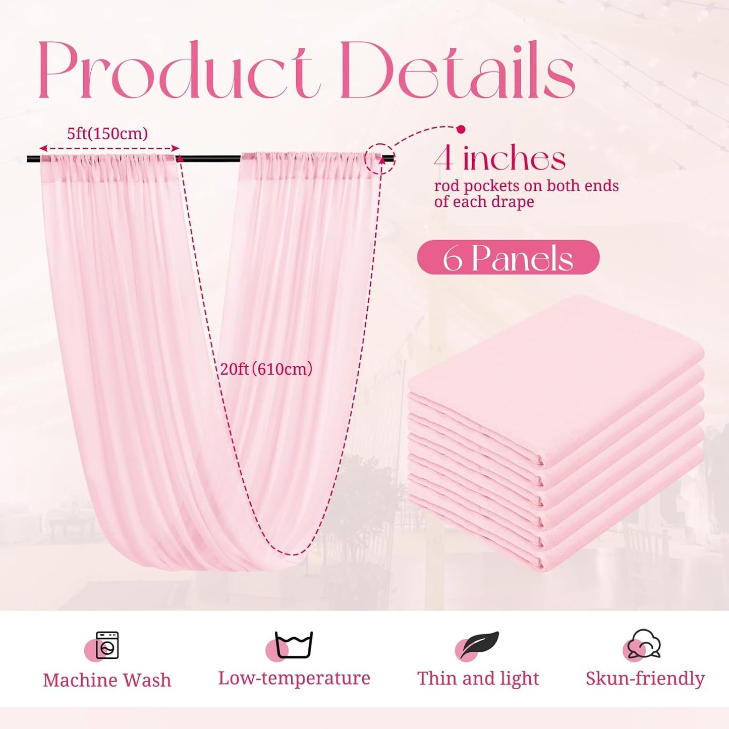 6 Panels Pink Ceiling Drapes for Wedding, 5ftx20ft Ceiling Drapes Cheesecloth Sheer Fabric Curtain Wedding Arch Draping Fabric Romantic Ceilings Decorations for Weddings Party Ceremony Stage