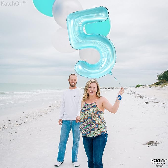 KatchOn, Big Light Blue 5 Balloon Number - 40 Inch | Light Blue Number 5 Balloon, Shark 5th Birthday Decorations for Boys | 5th Birthday Balloons | Mermaid Balloons for 5 Birthday Party Decorations