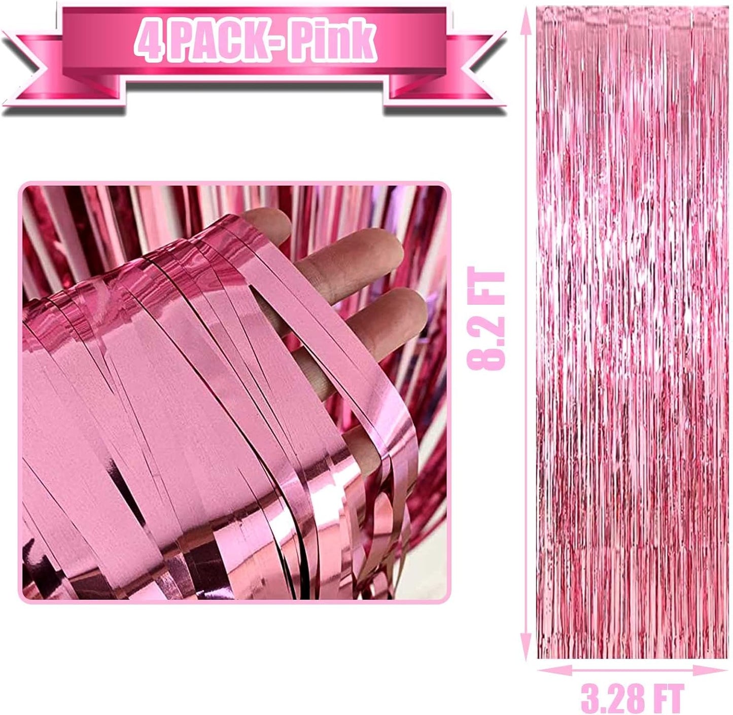 4 Pack Pink Foil Fringe Curtain Backdrop, 3.28Ft x 8.2Ft Metallic Tinsel Foil Fringe Streamer Curtains for Photo Booth Props, Birthday, Wedding, Valentine's Day Decoration Party Supplies