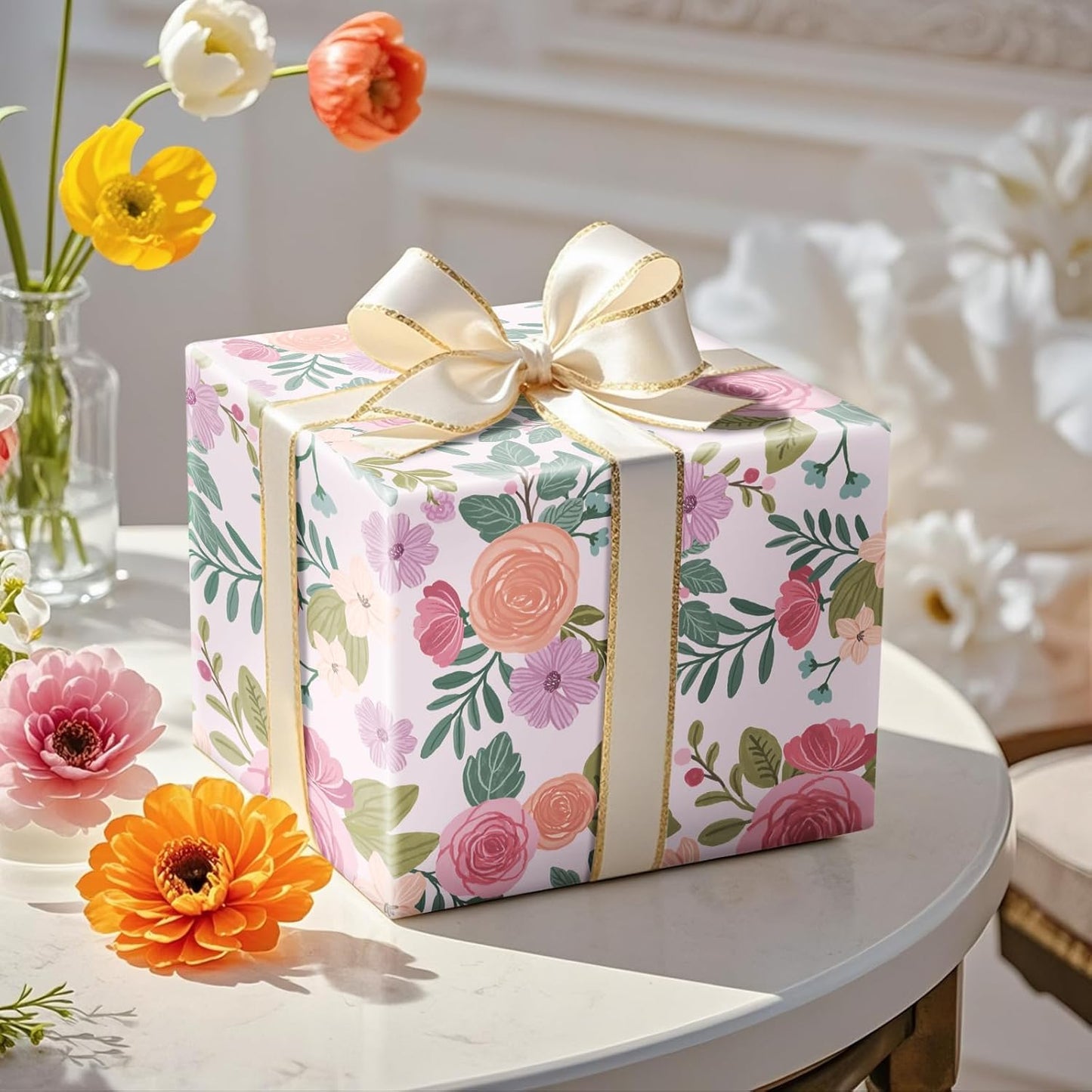 RUSPEPA Floral Wrapping Paper Roll for Women Girls, Mini Roll, Watercolor Pink Rose Gift Wrap, Flower and Foliage Paper for Wedding, Birthday, Mother's Day, Spring, Bridal Shower, 17 Inch X 16.4 Feet