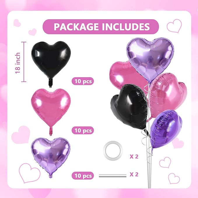 TONIFUL 30Pcs 18 Inch Black PInk Light Purple Balloons Heart Shape Foil Mylar Banners Decoration for Birthday Valentine's Day Wedding Bridal Shower Anniversary Engagement Party Supplies