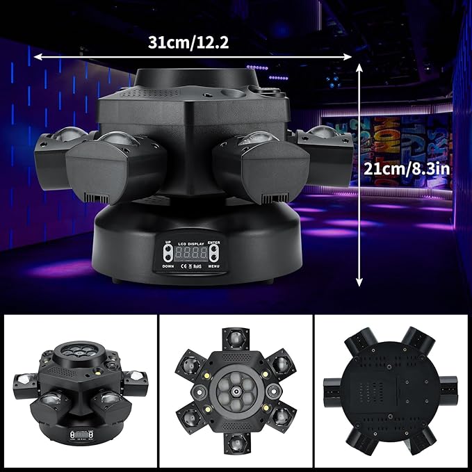 Moving Head DJ Light, 150W RGBW Party Light Remote DMX512 Control Sound Activated 6 Arms Stage Effect for DJ Stage Party Bar Disco Show Club Wedding