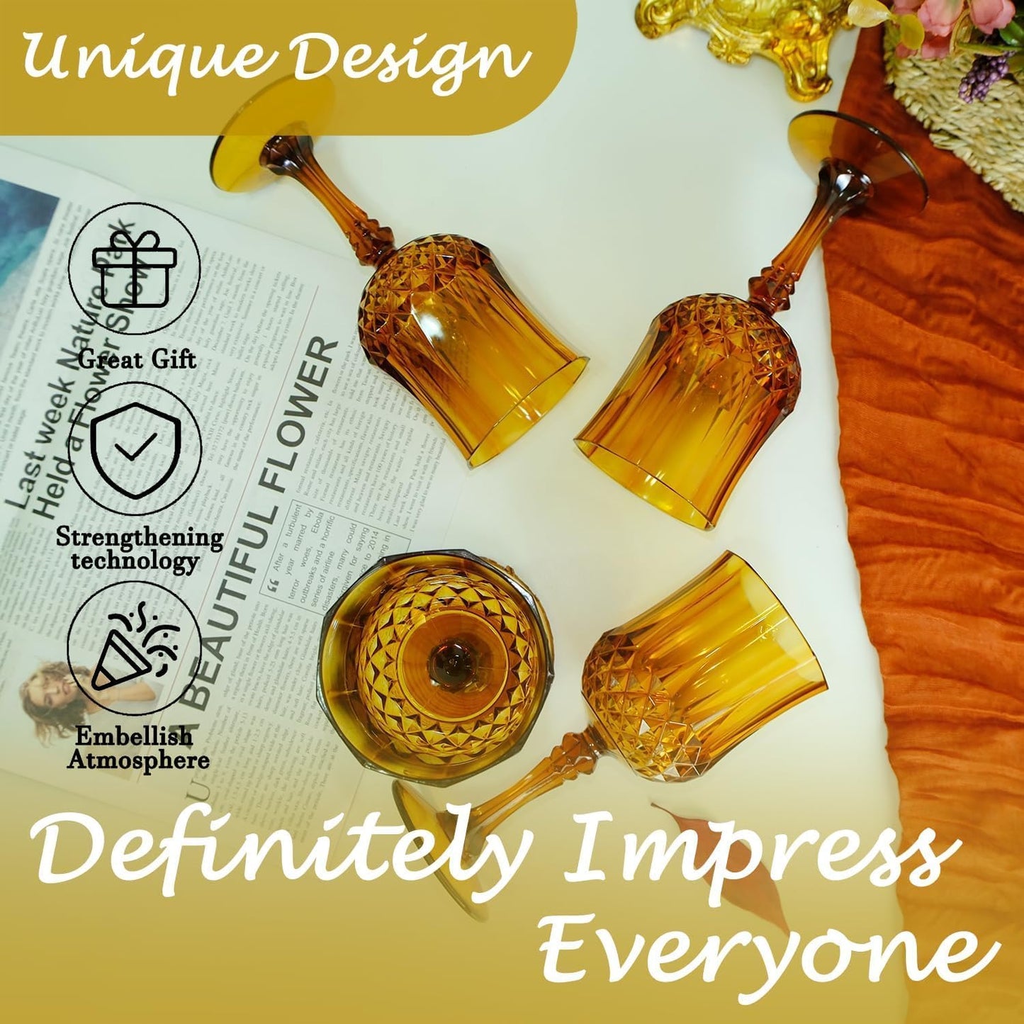 Plastic Wine Glasses，100PCS Amber Plastic Goblets Vintage Style Cordial Drinking Glasses for Wedding Reception, Grand Event Party Supplies (100, Amber)