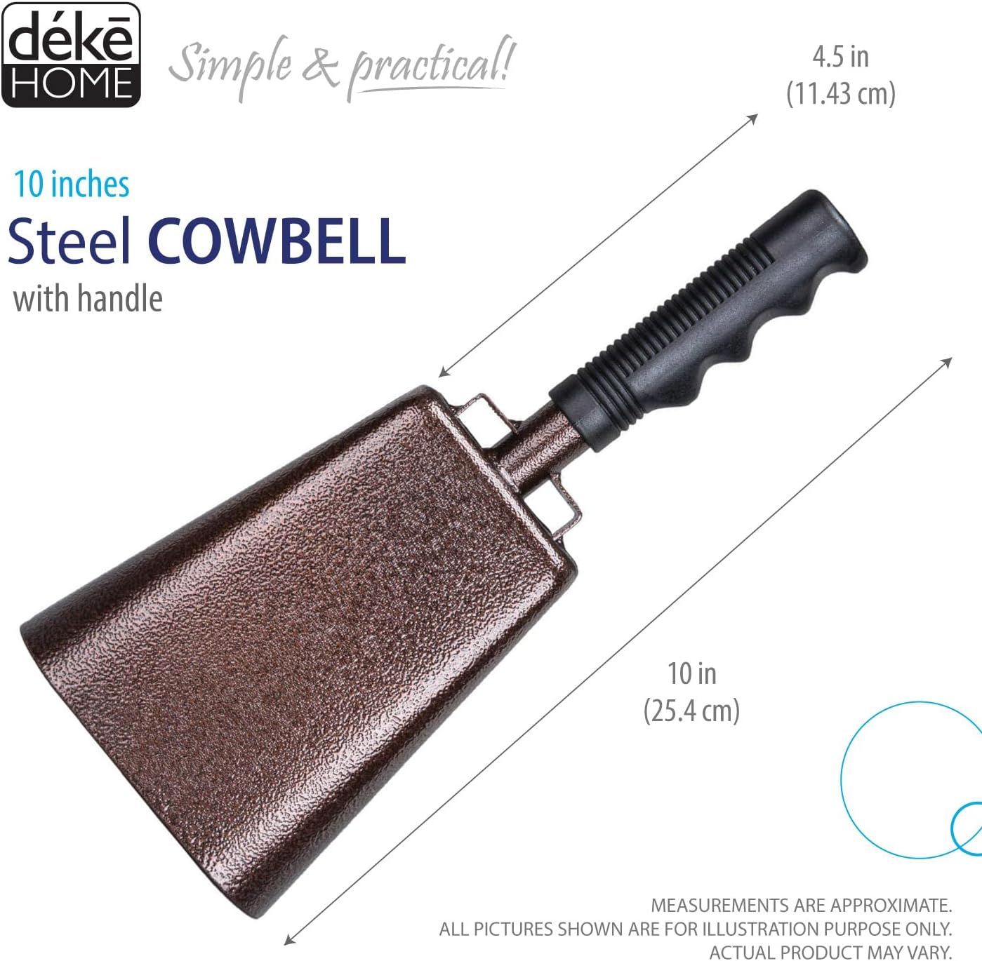 Deke Home - 2 Pack 10 Inch Steel Cowbells with Handle, Loud Noise Makers for Football, Sports, Parties, Competitions, School Spirit & Safety, Large Hand Bell for Cheering & Percussion Instrument