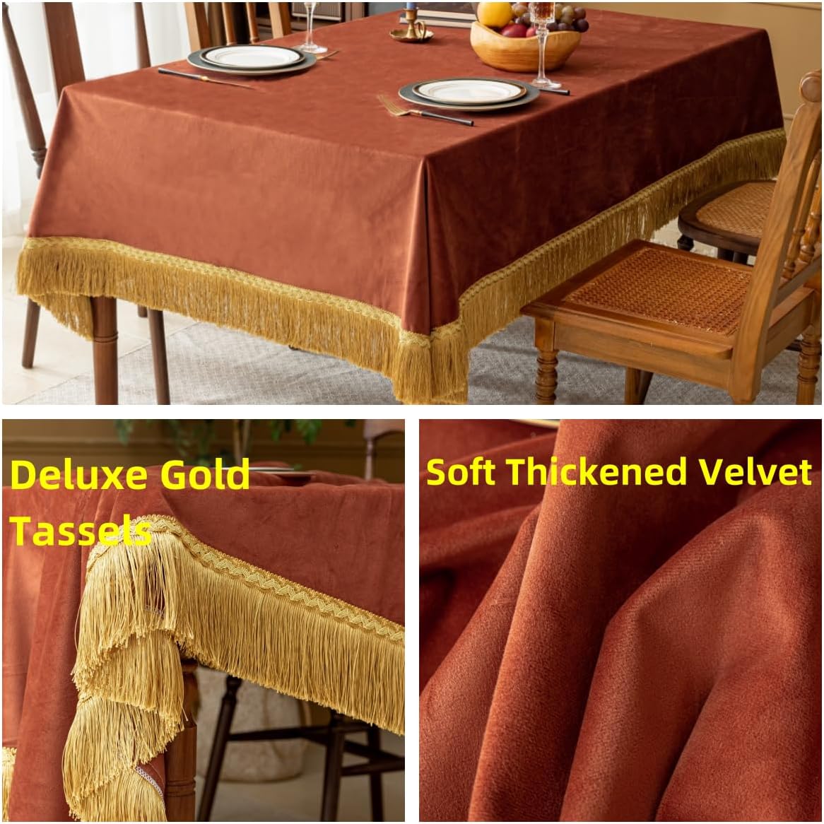 F-CHU Luxury Burnt Orange Tablecloth Thickset Velvet Tablecloth with Beautiful Gold Tassels Table Cloth for Home Decor Wedding, Party, Banquet and Events 60x86-Inch