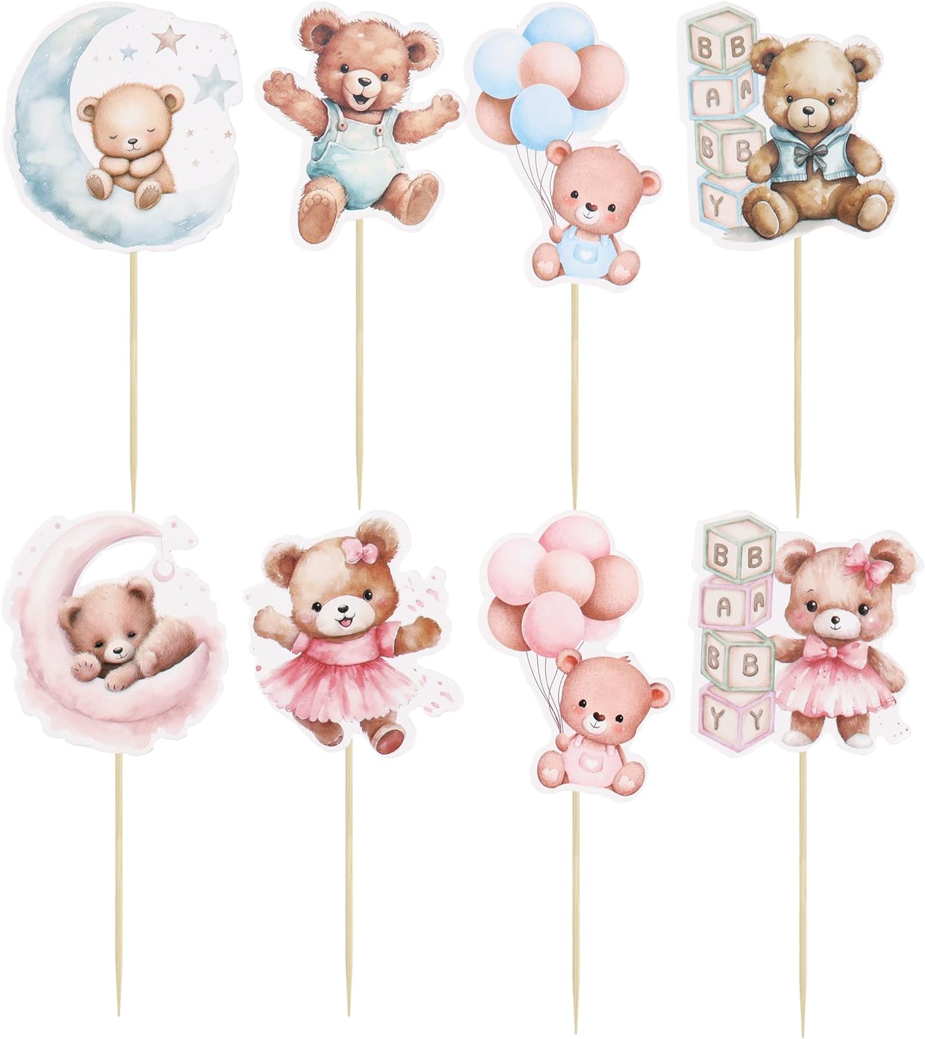 Gyufise 32Pcs Baby Shower Bear Cupcake Toppers Moon Baby Bear Baby Shower Cake Topper Decorations Jungle Animal Theme Birthday Party Cake Supplies Blue Pink