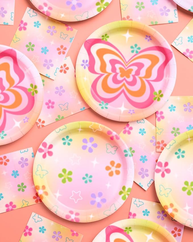xo, Fetti Groovy Y2K Paper Plates, 2 Designs | 24 pcs 9" | Butterfly Kids Party Decorations, Girls Bachelorette Supplies, Rainbow Birthday Tablescape, Pastel Flower Decor