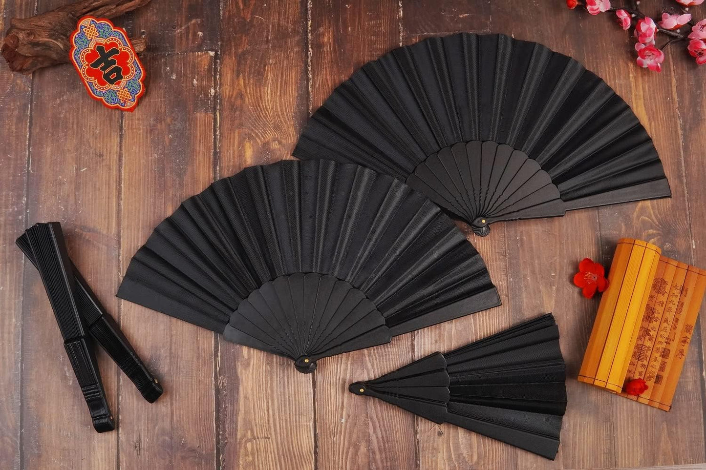 HUNANBANG 4 Pieces Folding Hand Fans Church Wedding Gift, Party Favors, DIY Decoration Gift Size9 Wholesale (Black 4pack)