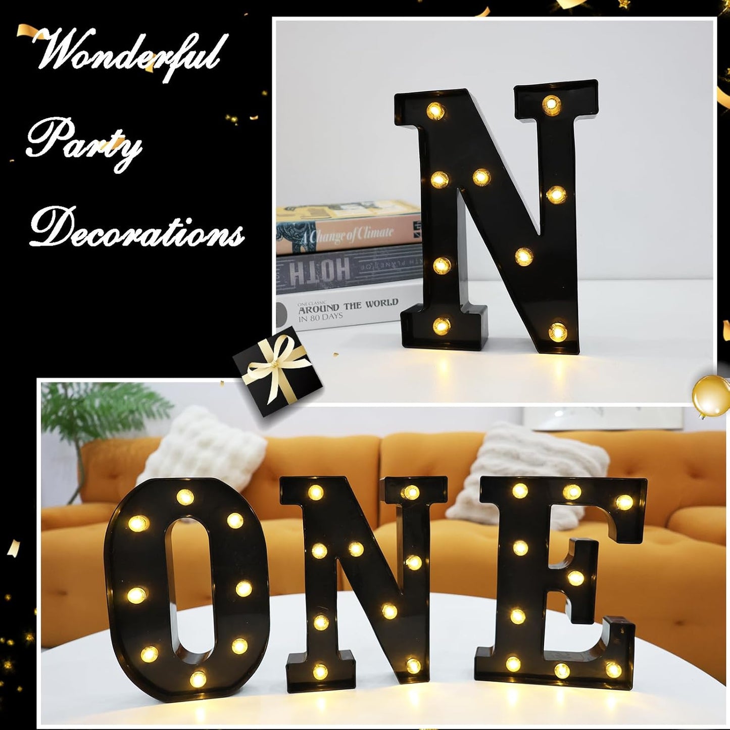 Led Marquee Letters, 8.58 Inch Black Light Up Letters, Small Led Letter Lights, Battery Powered Lighted Letterfor Table, Party, Birthday, Christmas Decor (Black, Letter N)