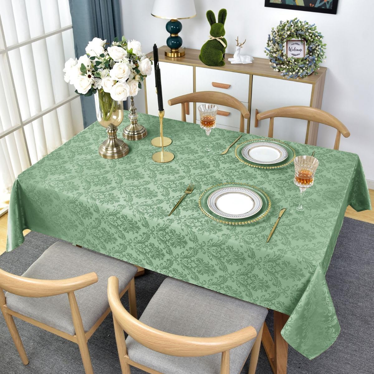 SASTYBALE Summer Tablecloth Rectangle, Spill-Proof Wrinkle Resistant Jacquard Fabric Table Cloth, Soft Polyester Damask Table Cover for Parties, Picnic, Dinner(60 * 102 inch, Light Green)