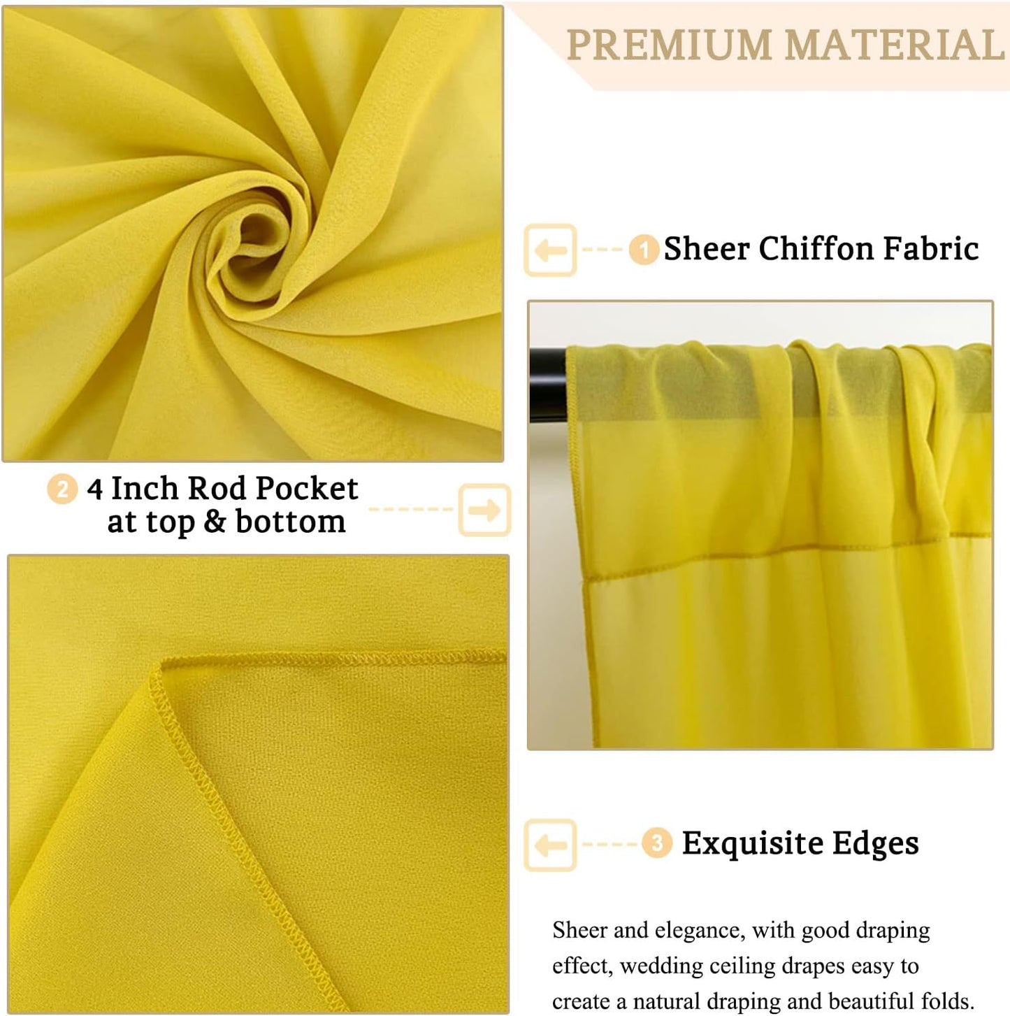 MODFUNS Ceiling Drapes for Parties Gold Ceiling Draping Fabric 5x20ft 4 Panels Sheer Wedding Arch Drapery Chiffon Stage Curtain Tent Ceiling Drape for Reception Banquet Arbor Ceiling Decoration