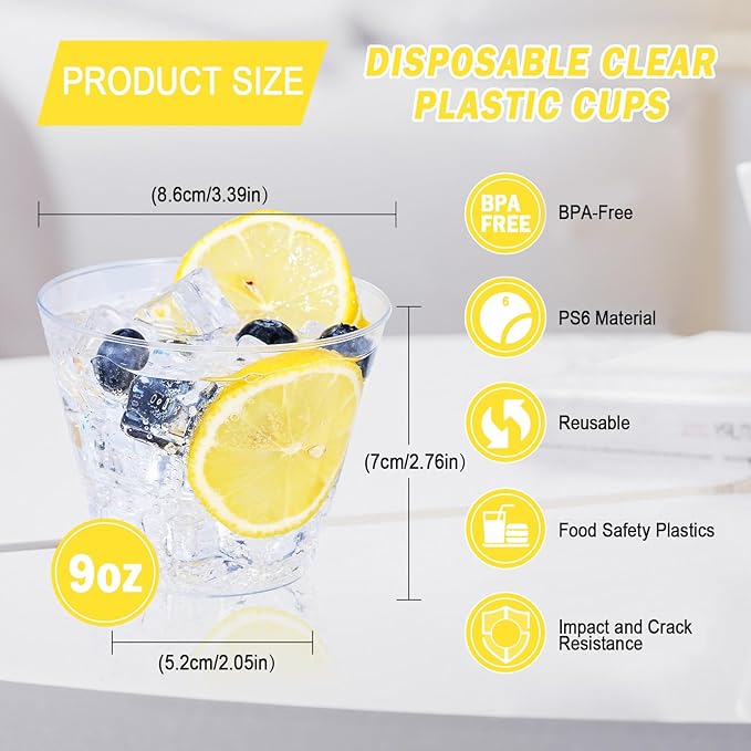 300 Pack 9 oz Clear Disposable Plastic Cups, Clear Plastic Cups Tumblers Cocktail Glasses, Disposable For Holiday, Wedding, Party