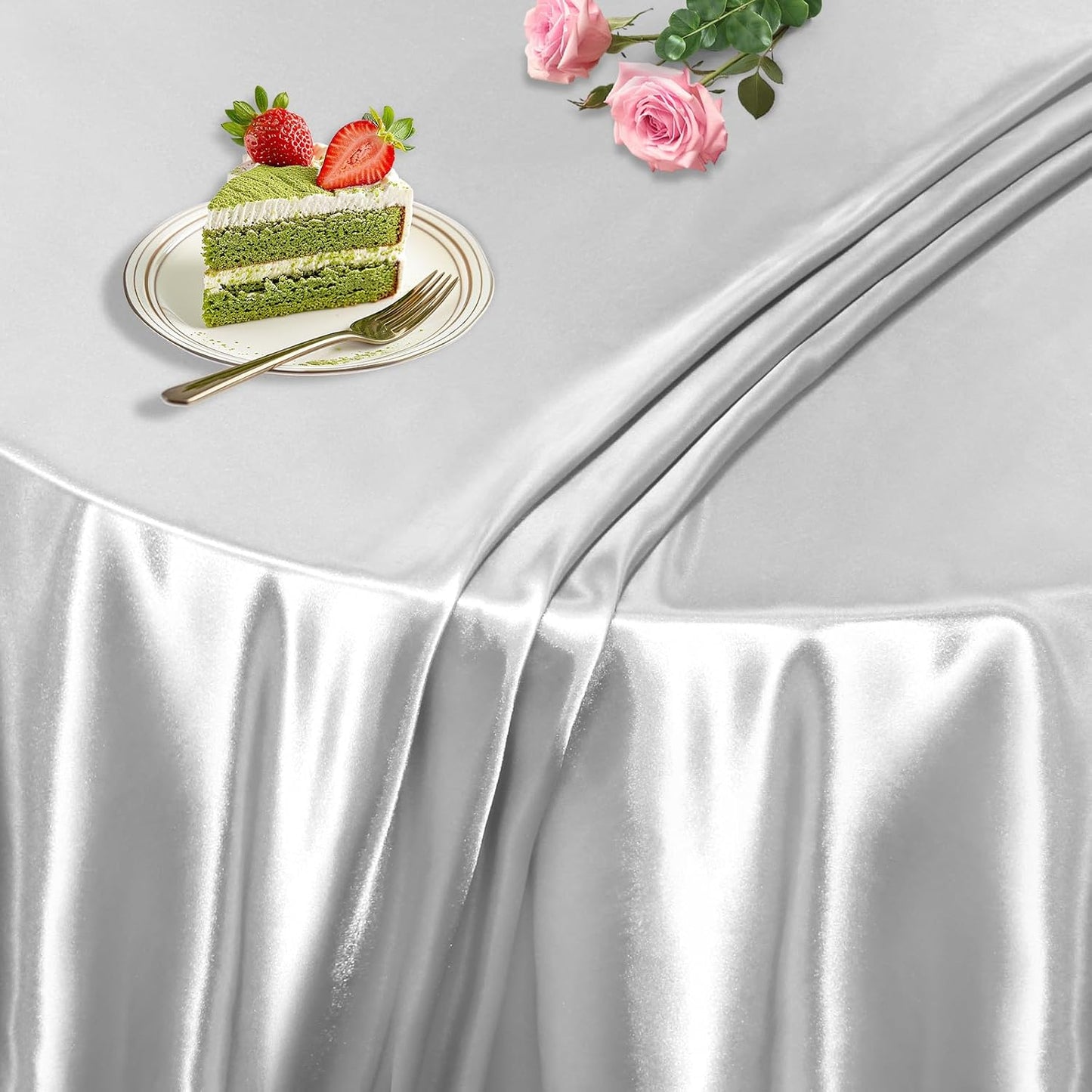 KKJIAF 1 Pack Round Table Cloths 90 Inch, Silver Overlay Round Satin Table Cover, Silky Satin Dining Tablecloths for Wedding Buffet Parties Banquet Decoration