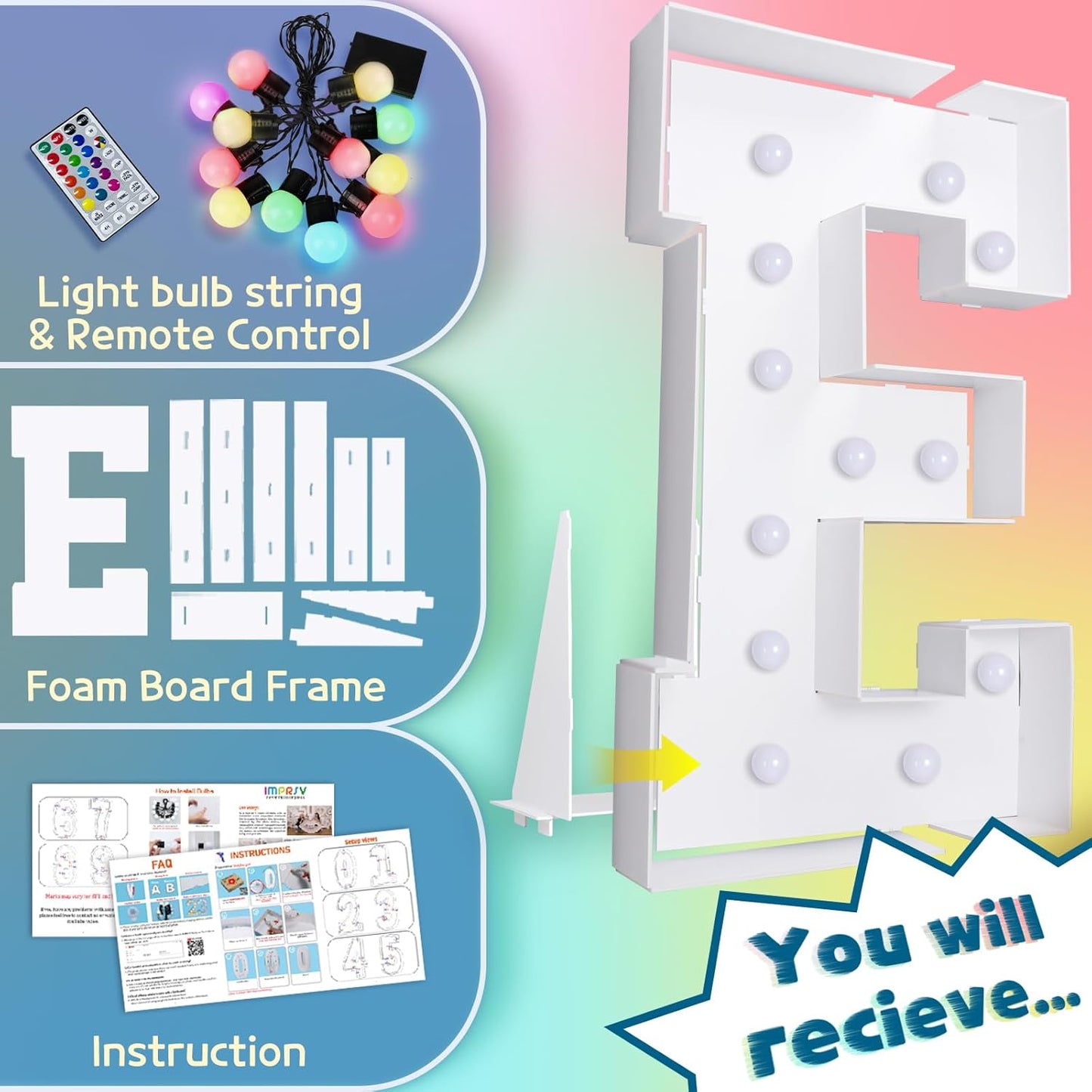 imprsv 4FT Colorful Marquee Light Up Letters E, 18 Colors Light Up Letters Alphabet Sign with Remote, Marry Me Sign, Large Letters for Birthday Engagement Anniversary Wedding Party Decor