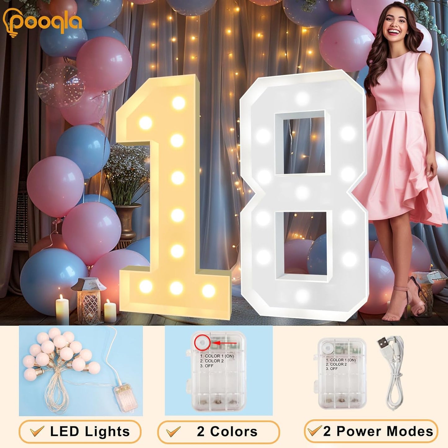 Pooqla 4 FT Light Up Marquee Numbers, Cool White and Warm White LED Large Lighted Marquee Numbers, Giant Mosaic Light Up Numbers for Balloons 9th 19th 90th Birthday Party Decoration, LED Number 9