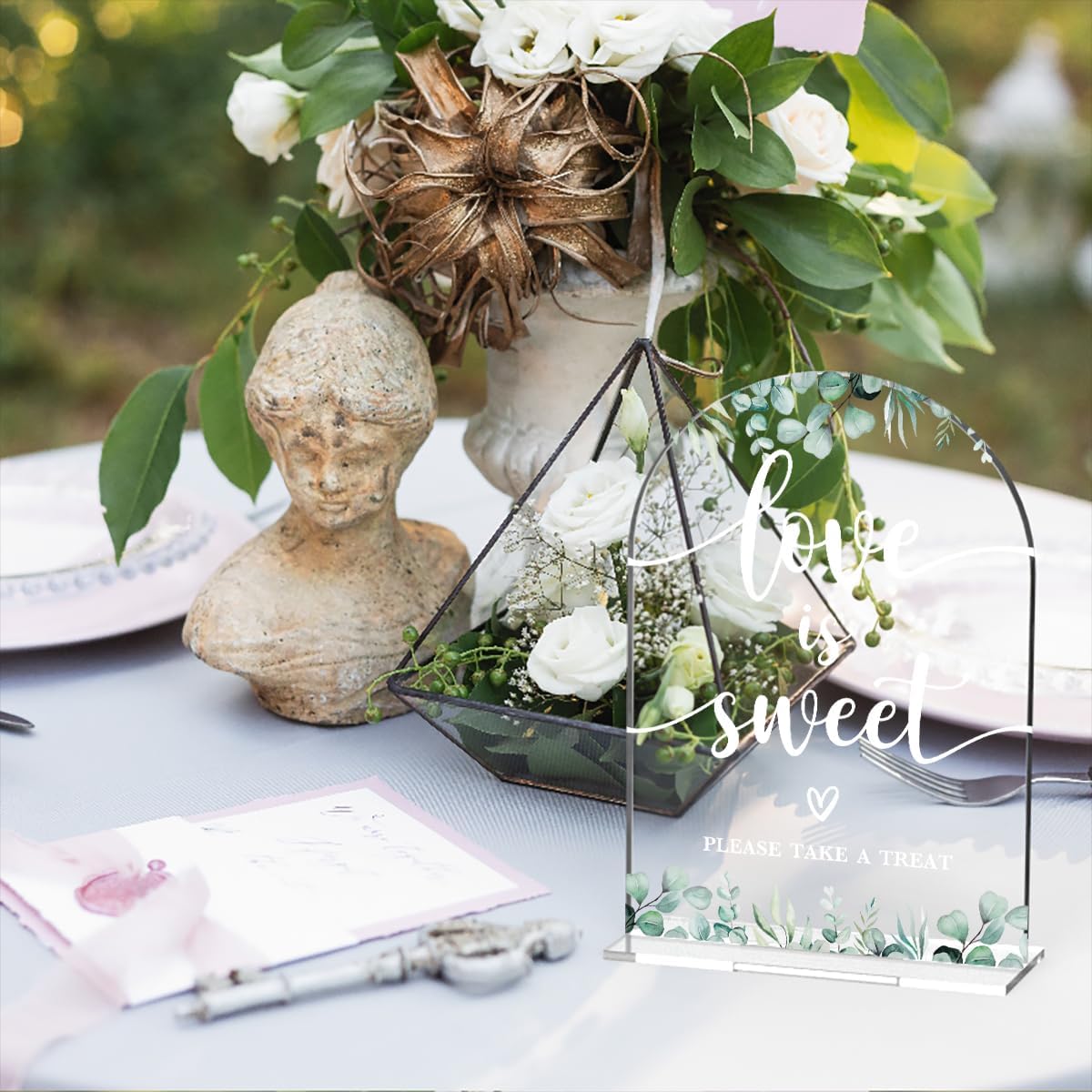 Acrylic Wedding Sign Love is Sweet Signs for Ceremony Modern Calligraphy Arch Acrylic Table Top Signs for Wedding Reception and Event Party Table Decor (Eucalyptus Leaves)