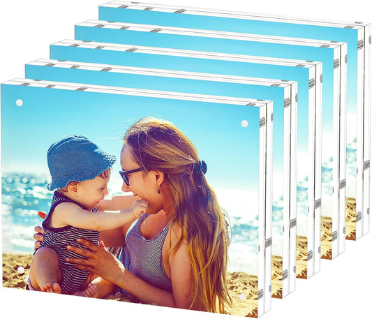 HELPLEX 5 Pack 6x8 Acrylic Picture Frames, 20mm Thicker Frameless Clear Double Sided Magnetic Frame, Free Standing Desktop Display Stand