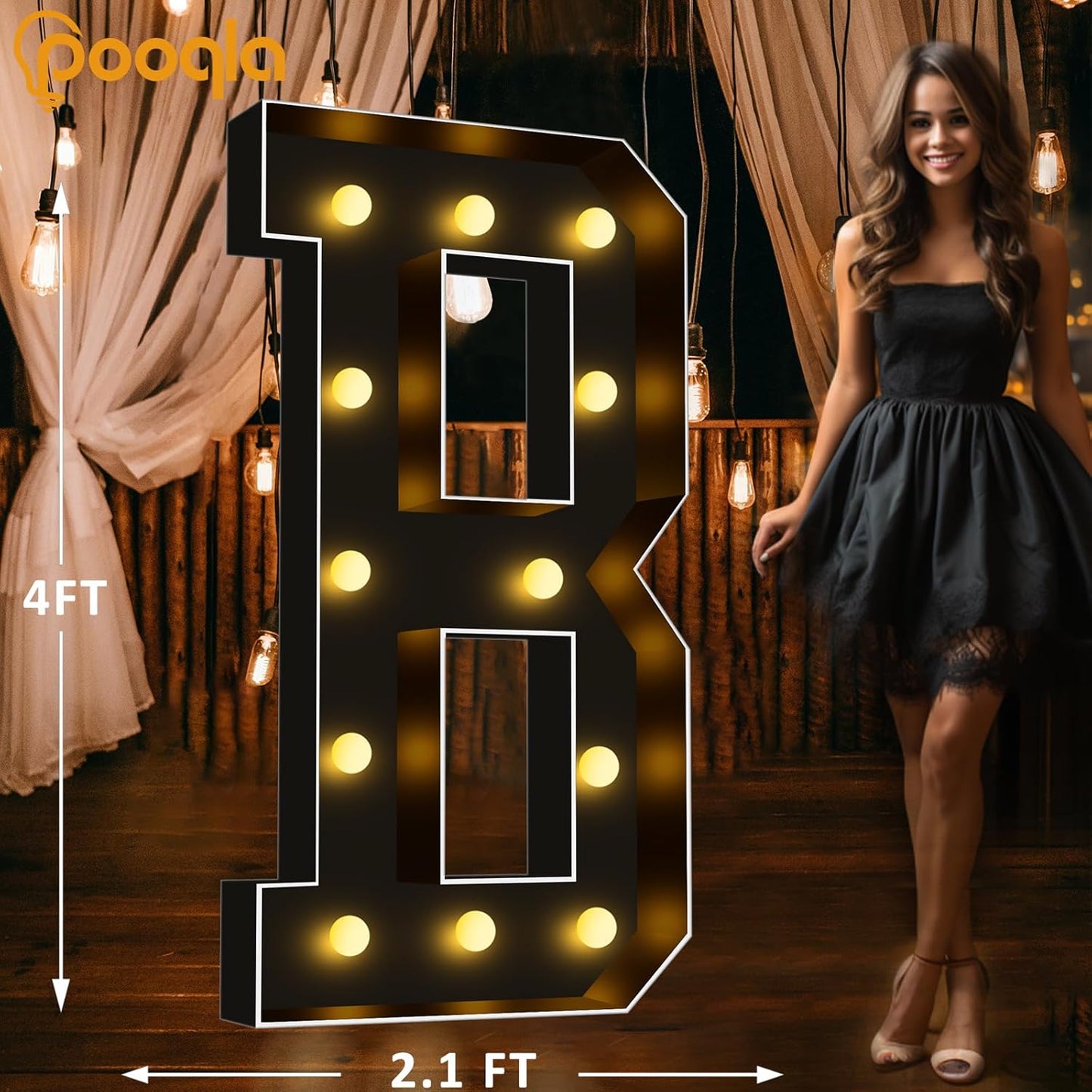 Pooqla 4 FT Marquee Light Up Letters, Black Giant LED Sign Marquee Letter Lights 4 Feet Tall, Big Mosaic Letters for Balloons Birthday Party Anniversary Wedding Decorations, Warm White B