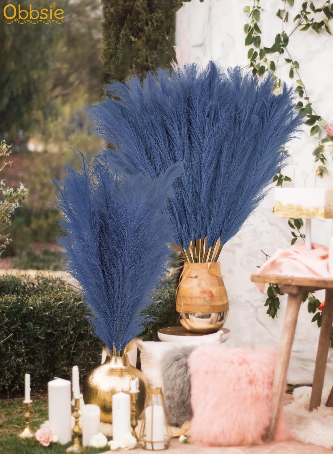 35" Faux Pampas Grass Decor, 8pcs Large Tall Fluffy Artificial Pompous Grass Branches Floral Fake Pompas Grass Bulrush Floor Vase Filler Flower Arrangement for Home Wedding Boho Decor - Blue