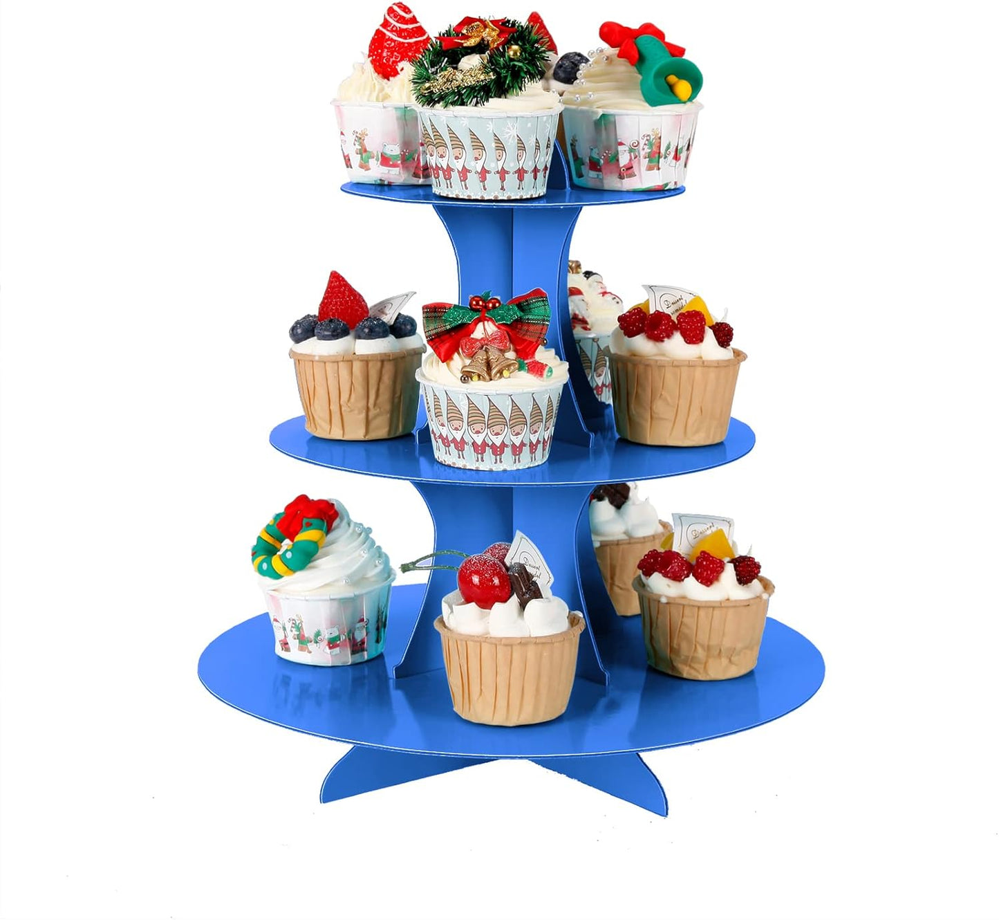 3-Tier Cupcake Stand, Cake Stand holder, Tiered DIY Cupcake Stand Tower for Dessert Table Displays, Birthday Theme Party Favors Decoration, Floral Tea Party, 12" W x 12.8" H, Blue