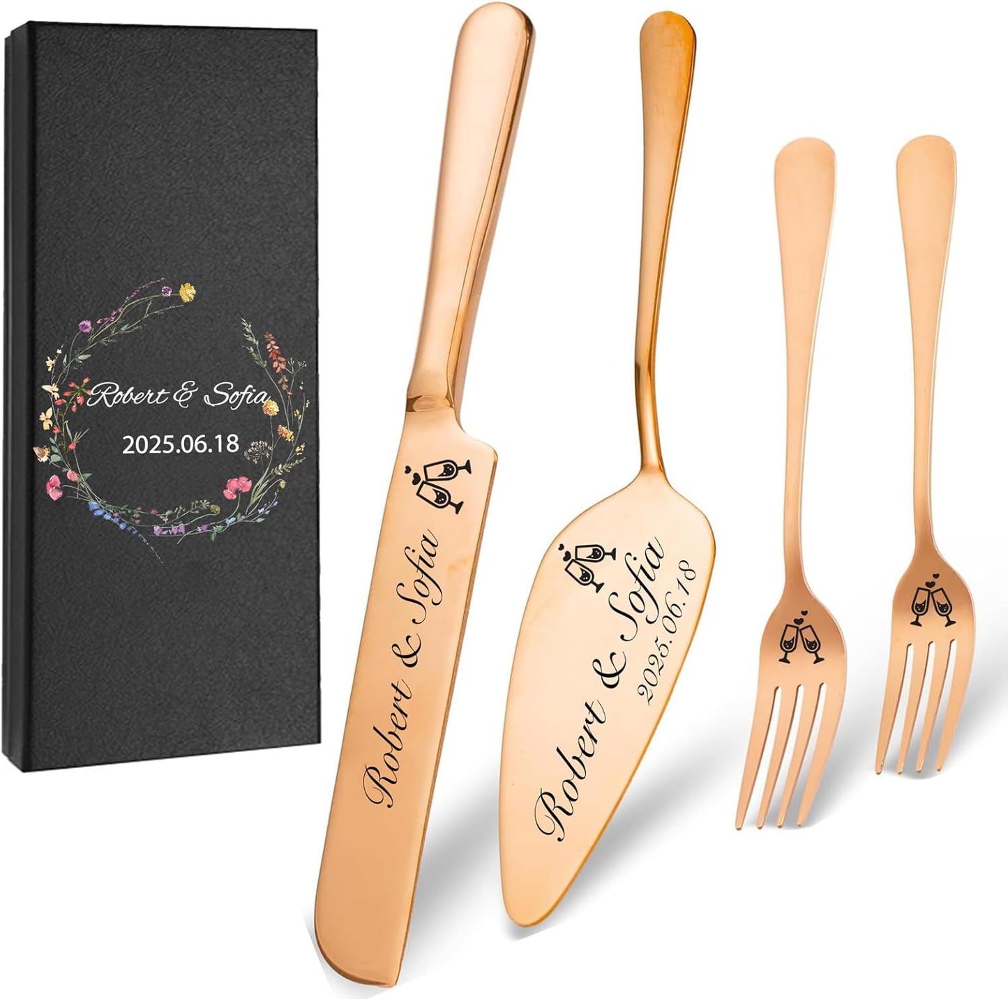 Personalized Wedding Cake Knife and Server Set, Custom Gold/Silver Cake Cutting Set for Wedding, 4 Pieces Set with Forks for Engagements, Anniversaries, Bride and Groom (Rose Gold)