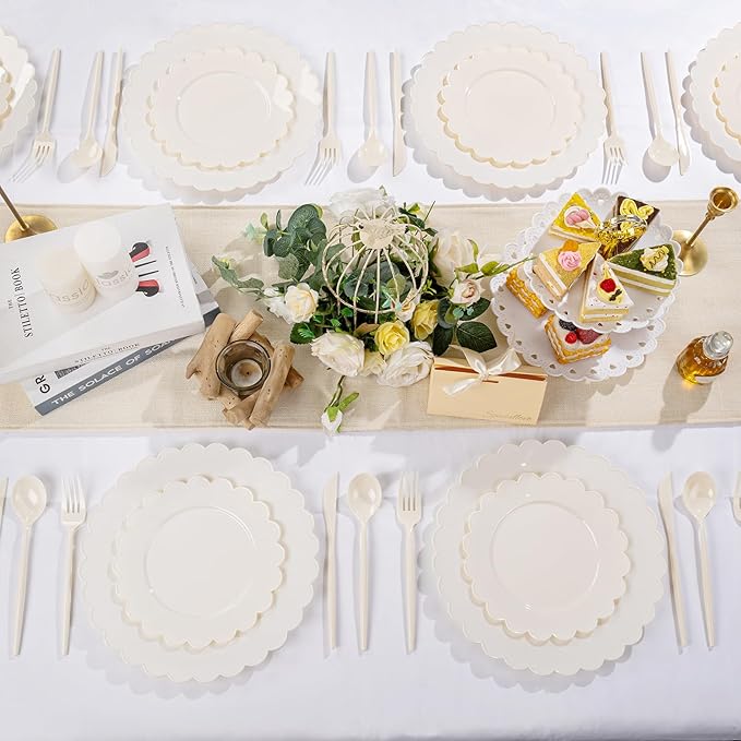 Supernal 180pcs Plastic Silverware Heavy Duty Ivory Plastic Utensils Cutlery Disposable Beige Party Silverware Include 60 Forks,60 Knvies,60 Spoons Disposable Cutlery for Party,Wedding,New Year