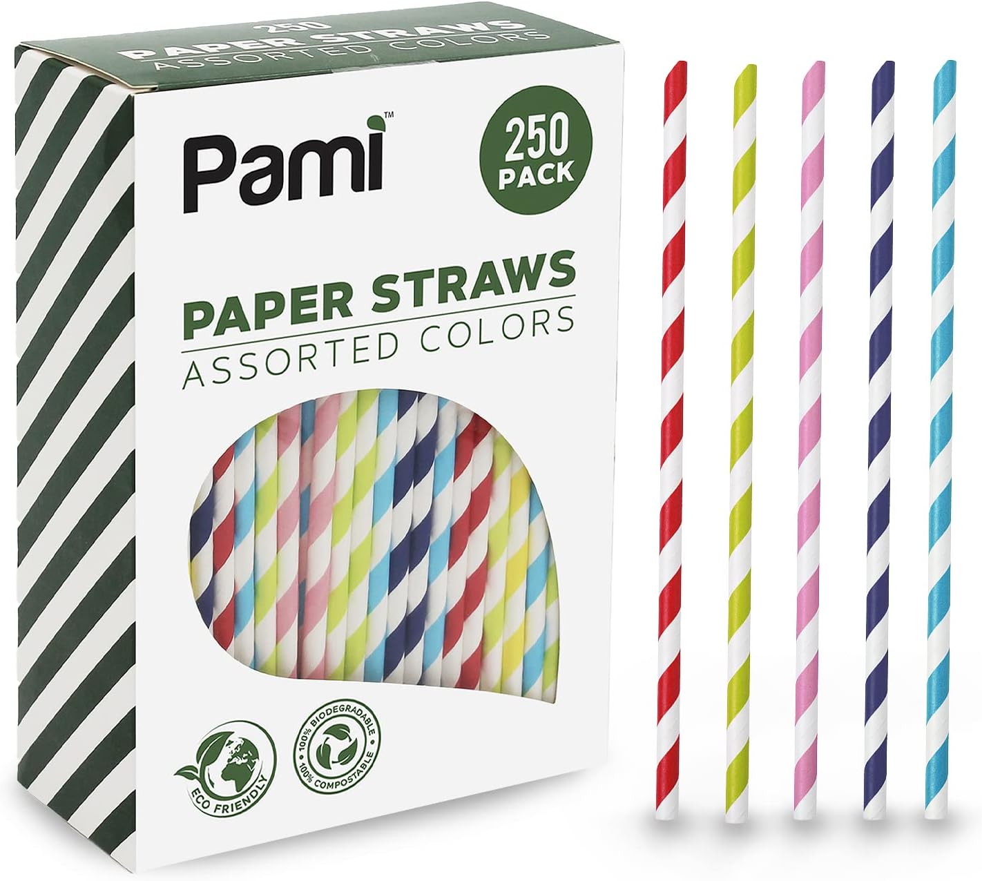 PAMI 250-Pack Compostable Paper Straws for Drinking, Assorted Colors Including Pink, Pfas- Biodegradable Sturdy for Coffee Juice Cocktails Parties