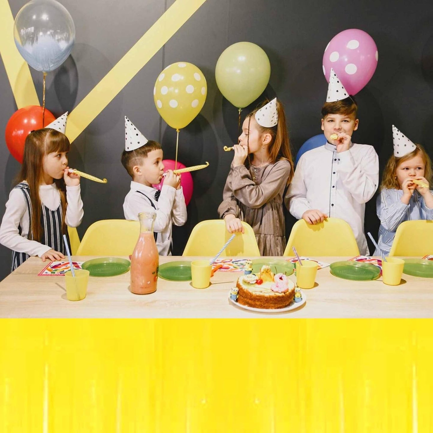 3 Pack 29 x108 Inch Macaron Yellow Foil Fringe Table Skirts Metallic Banner for Tinsel Streamer Garland Backdrop for Parade Floats Mother's Day, Graduate, Birthday, Wedding Party Decoration