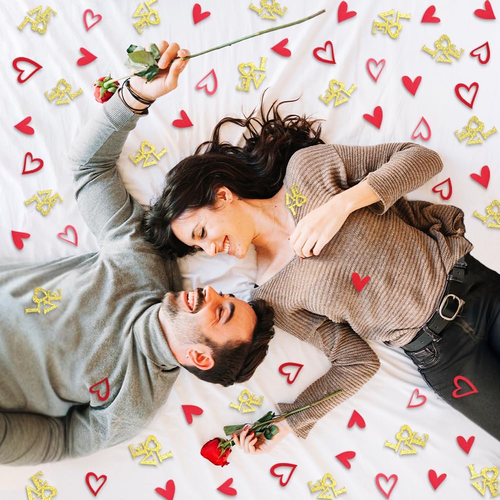 200 Pcs Heart and Love Decorations, Red and Gold Glitter Letter Confetti, Bed Table Scatter Sprinkles for Valentine's Day, Mother's Day, Wedding, Engagement Party Supplies