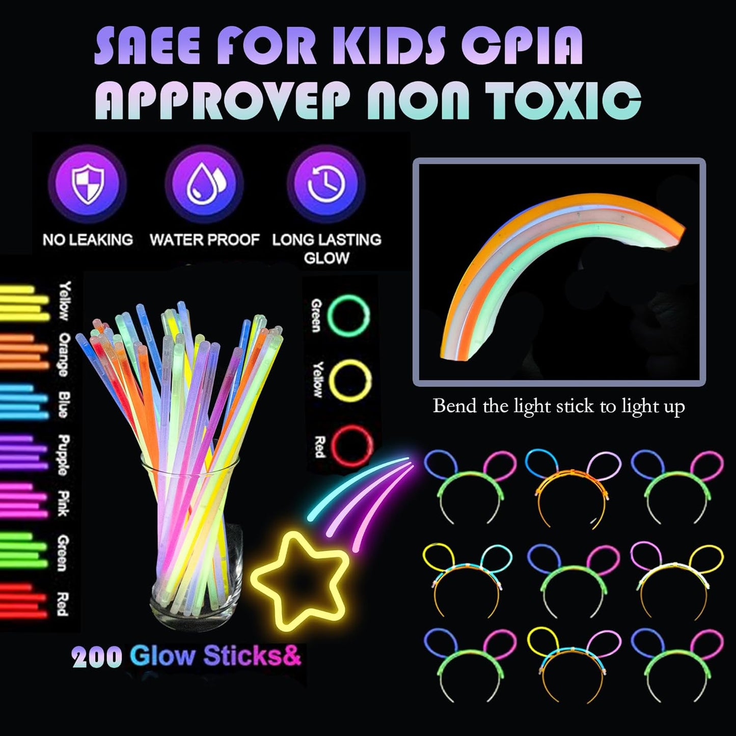 272 PCs Glow Party Supplies, 24 Foam Glow Sticks, 24 LED Glasses and 200 Glow Sticks ＆ Bracelets, 12 Glow sticks headband 12 Fiber Optic Hair Light，Glow Neon Party Favors for Wedding, Concert, Raves
