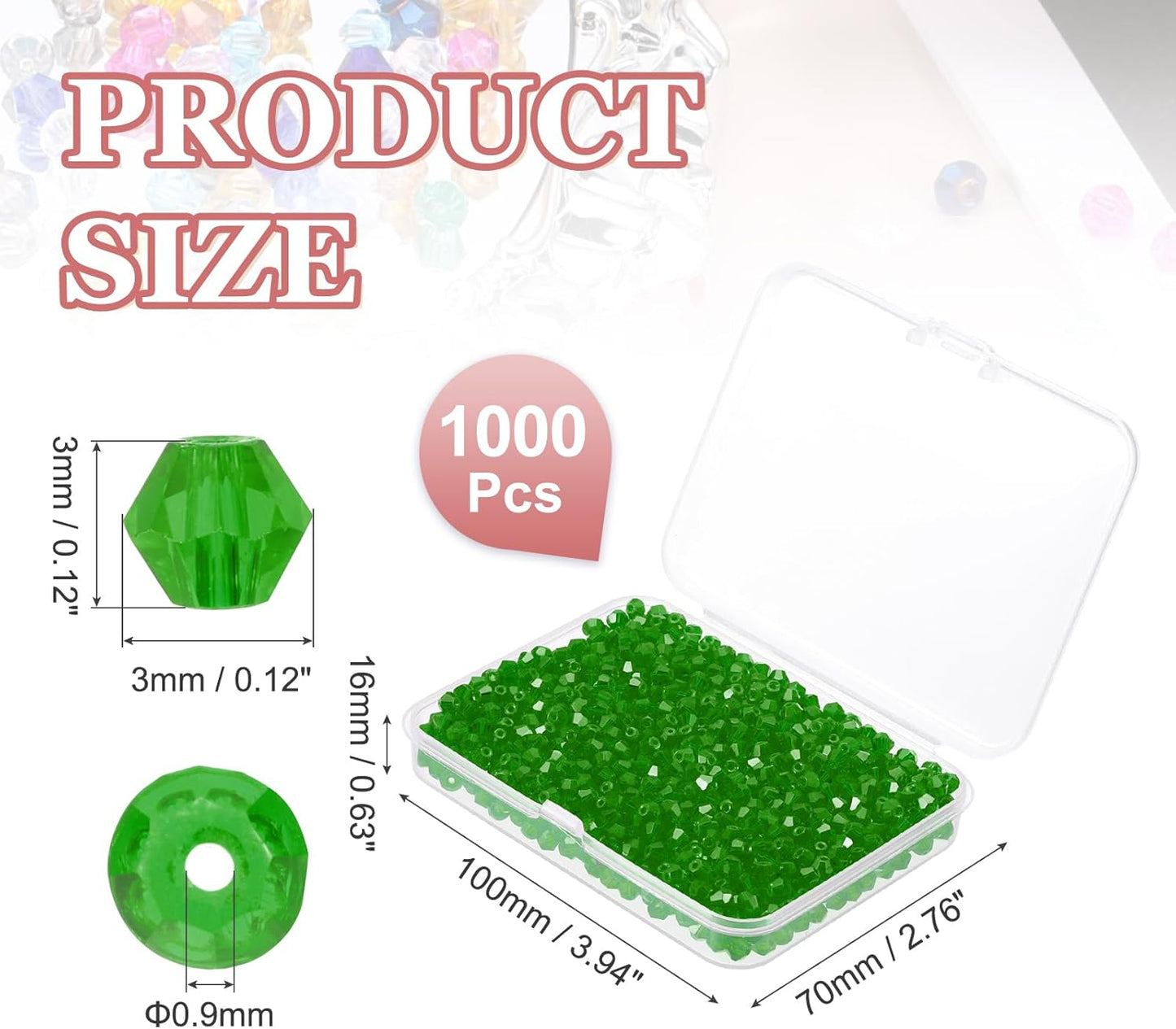 PATIKIL 1000pcs 3mm Bicone Glass Crystal Beads, Faceted Glass Spacer Beads with Box for Jewelry Making Bracelet Necklace Earrings DIY Suncatcher Craft, Grass Green
