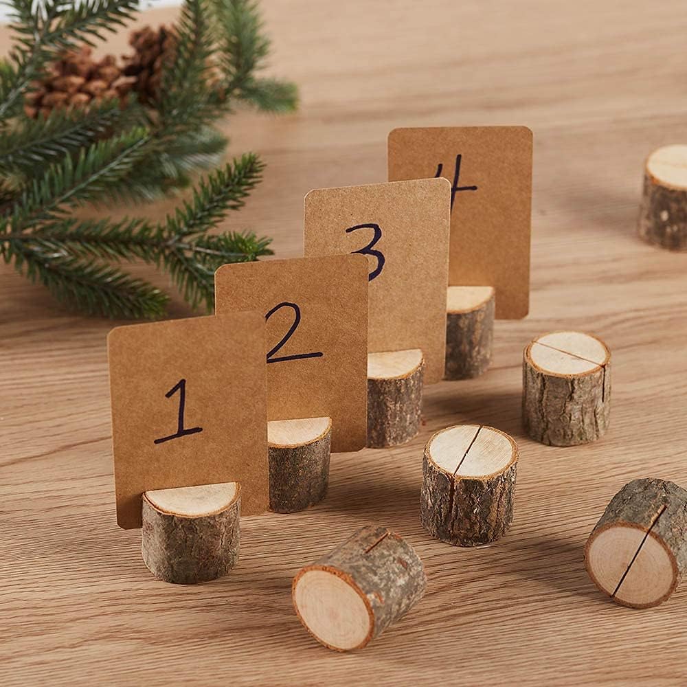 10Pcs Wood Place Card Holder Rustic Wood Table Numbers Holder with 20Pcs Kraft Table Place Cards Party Wedding Table Name Card Holder Memo Note Card