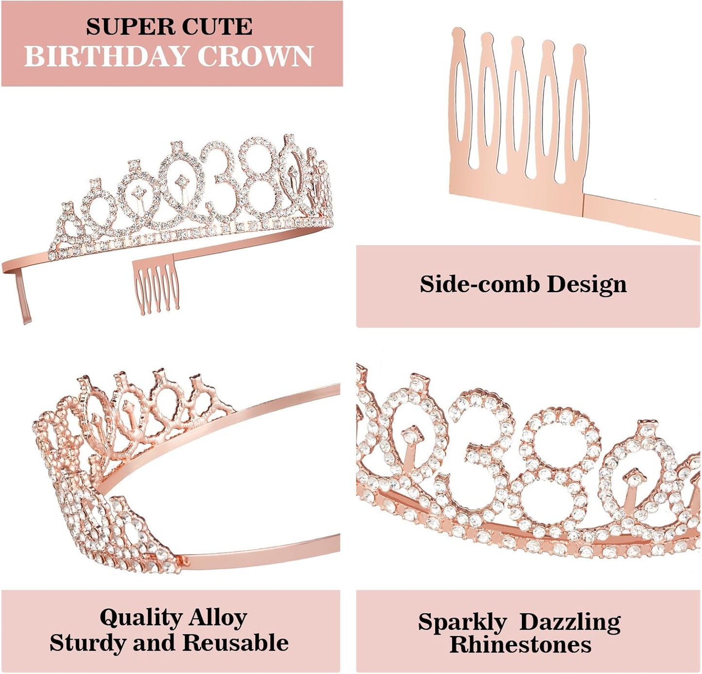 38th Birthday Decorations for Women Including Birthday Sash, Tiara/Crown, Numeral Candles and Cake Topper, 38 Year Old Gifts for Women, Rose Gold Party Decor Supplies
