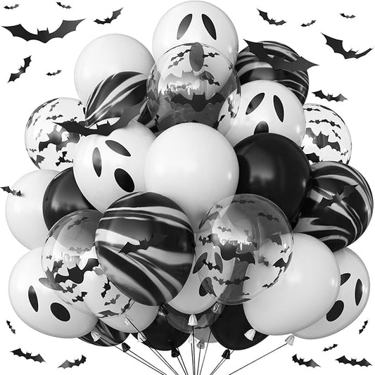 Halloween Balloons Black and White Balloons with 3D Bat Stickers Bat Print Balloon and Black Marble White Ghost Balloon for Happy Halloween Skull Skeleton Spooky Birthday Horror Party Decor