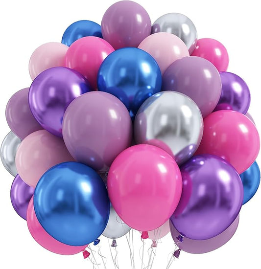 Pink Purple Blue Balloons 12 Inch 50 Pcs Royal Dark Purple Metallic Blue Dusty Hot Pink Silver Latex Party Balloon for Women Bridal Baby Shower Birthday Wedding Anniversary Decorations