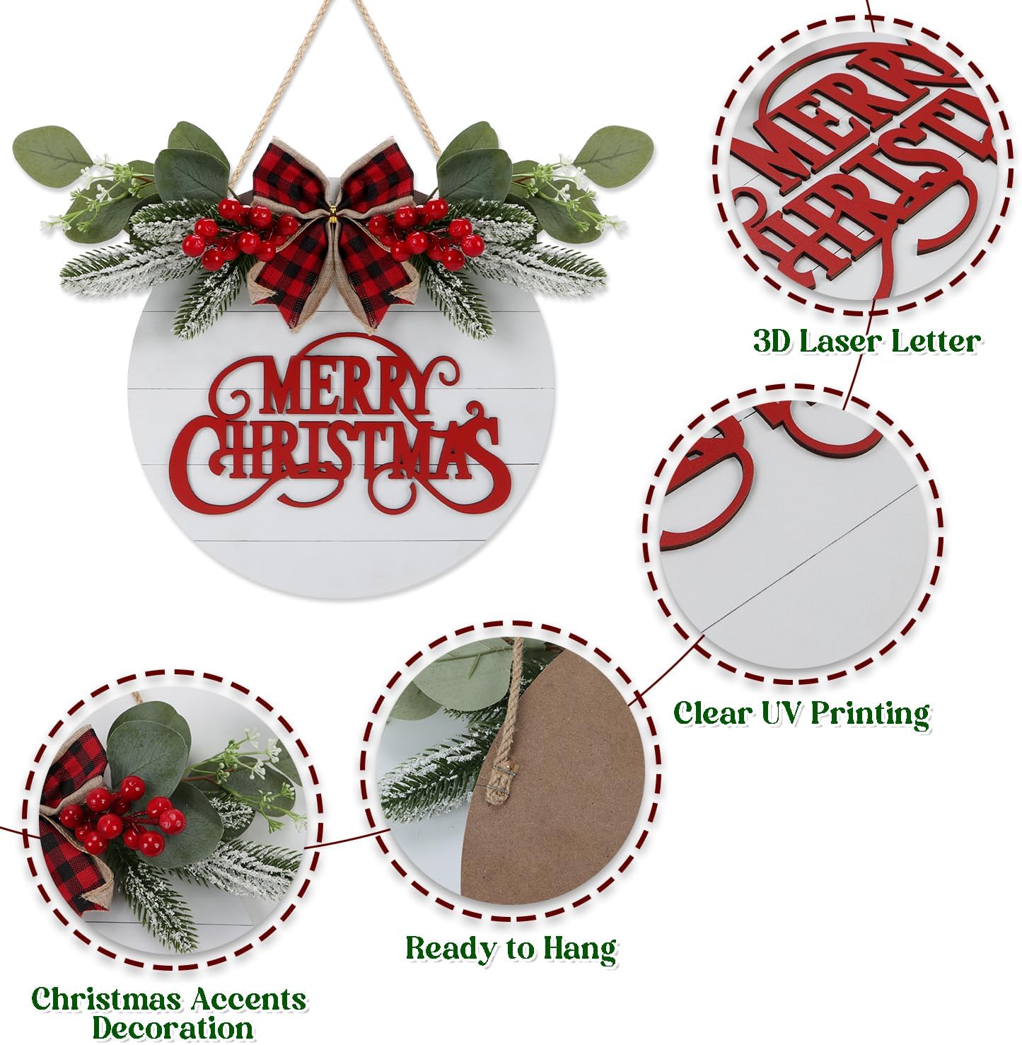 CHDITB Cute Merry Christmas Wooden Front Door Wreath(11.4”x11.4”), Farmhouse 3D Christmas Decor Hanging Sign with Red Plaid Bow Berries Mistletoe, Housewarming Gift for Xmas Winter Holiday New Year