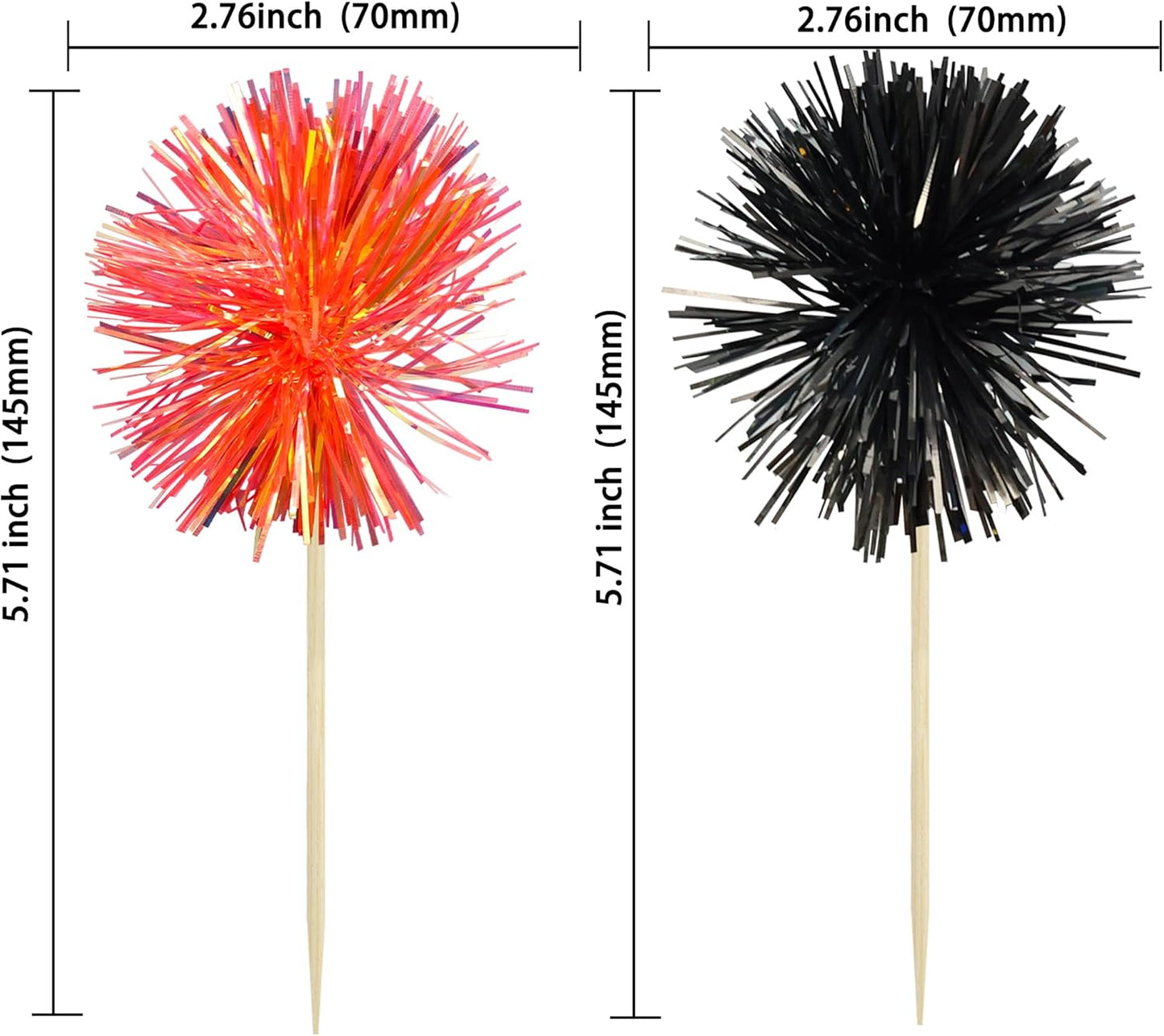 Gyufise 30Pcs Foil Firework Cupcake Toppers Sparkle Tinsel Cake Toppers Tinsel Drink Cake Decoration Cocktail Picks for Birthday Wedding Graduation Party Supplies Black Orange