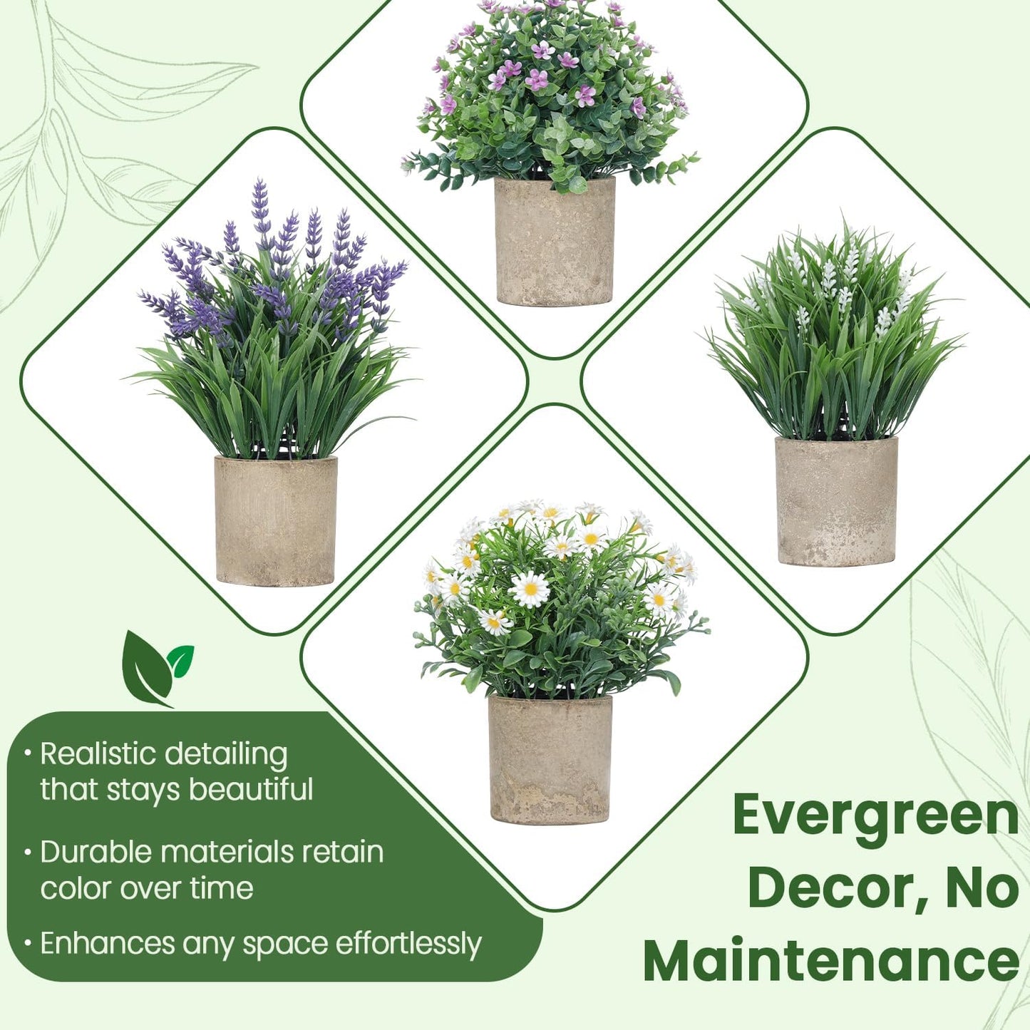 4 Pack Small Fake Plants, Artificial Eucalyptus Leaves with Flowers, Lavender & Daisy with Gray Paper Pulp Pots, Small Faux Potted Plant with Flowers for Home Decor, Indoor&Outdoor Decoration