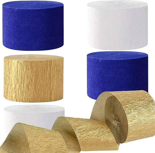 We Moment Navy Blue Gold White Crepe Paper Streamers Party Streamer 1.8 Inch Widening 6 Rolls,Royal Blue Gold Party Decorations Streamer 82 feet per roll for Graduation Boy Birthday Party Decorations