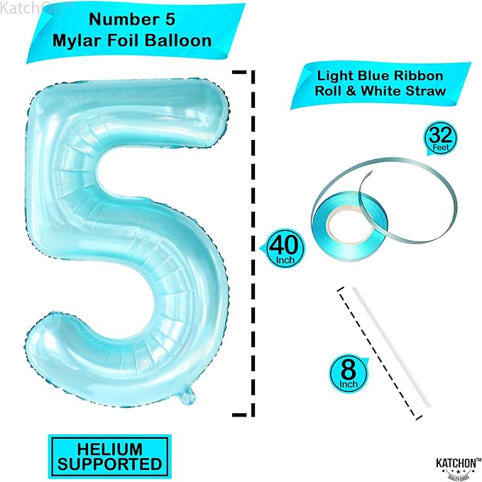 KatchOn, Big Light Blue 5 Balloon Number - 40 Inch | Light Blue Number 5 Balloon, Shark 5th Birthday Decorations for Boys | 5th Birthday Balloons | Mermaid Balloons for 5 Birthday Party Decorations