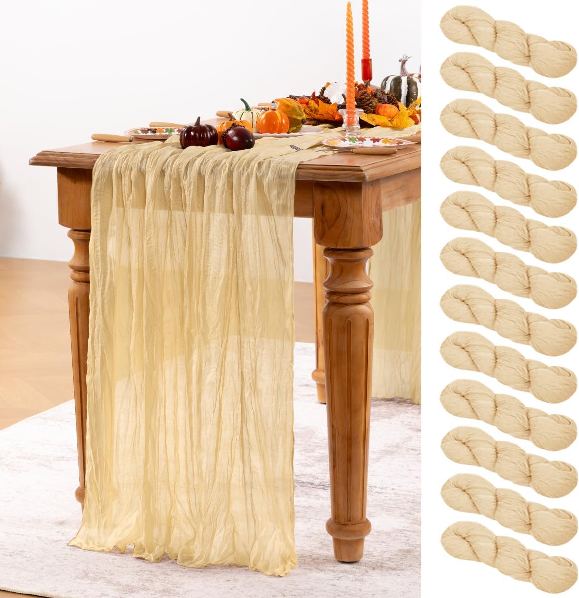 Champagne Gold Cheesecloth Table Runner 12 Pack Fall Table Runners Boho Gauze 120 Inches Champagne Cheese Cloth Fall Table Decorations for Thanksgiving Wedding Bridal Baby Shower Parties
