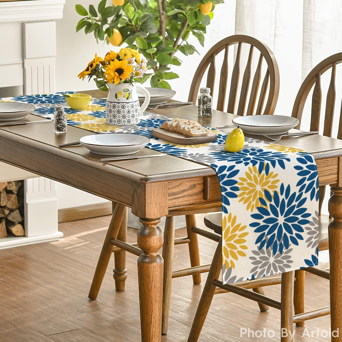 Artoid Mode Blue Dahlia Floral Pinnata Summer Table Runner, Spring Kitchen Dining Table Decoration for Home Party Decor 13x48 Inch