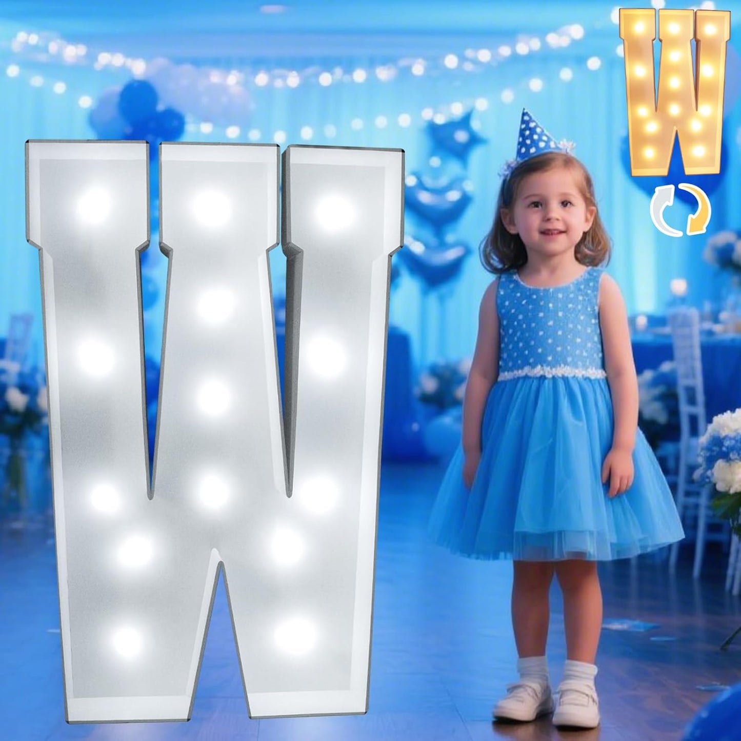 Pooqla 3FT Marquee Light Up Letters, Giant LED Sign Big Mosaic Marquee Letters 3 Feet for Balloons Birthday Anniversary Wedding Party Decoration, Cool White and Warm White Letter W