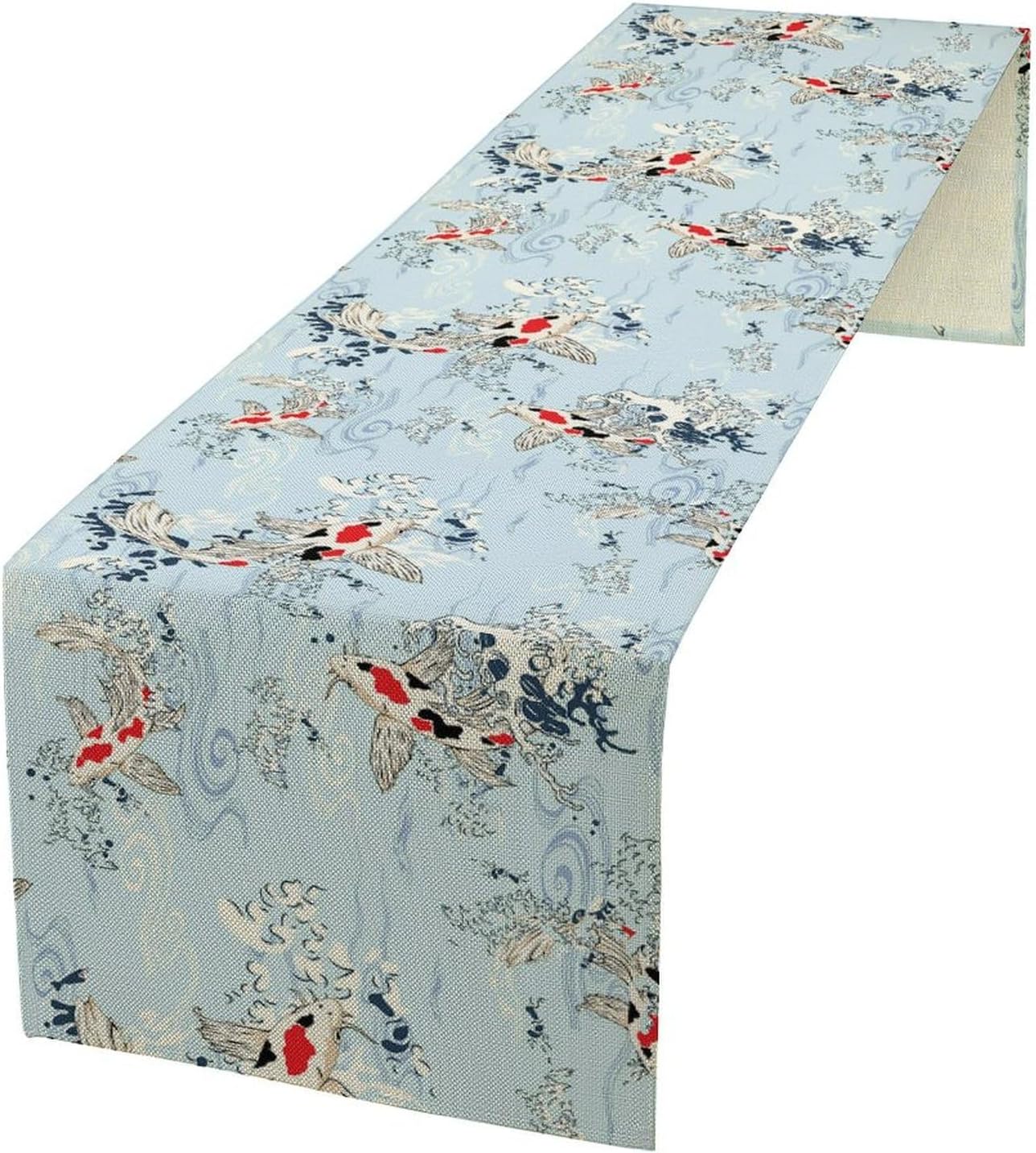 Kio Fish Table Runner Waves Retro Japanese Tradition Art Printed Burlap Runner Home Kitchen Dining Table Living Room Decor Fabric 1 Panel W13xL90in