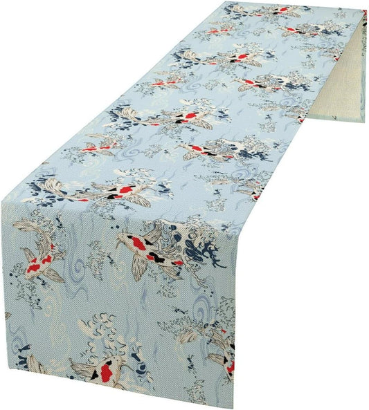 Kio Fish Table Runner Waves Retro Japanese Tradition Art Printed Burlap Runner Home Kitchen Dining Table Living Room Decor Fabric 1 Panel W13xL60in